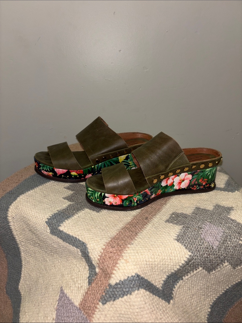 Free People Olive Green Floral Wedge Mules